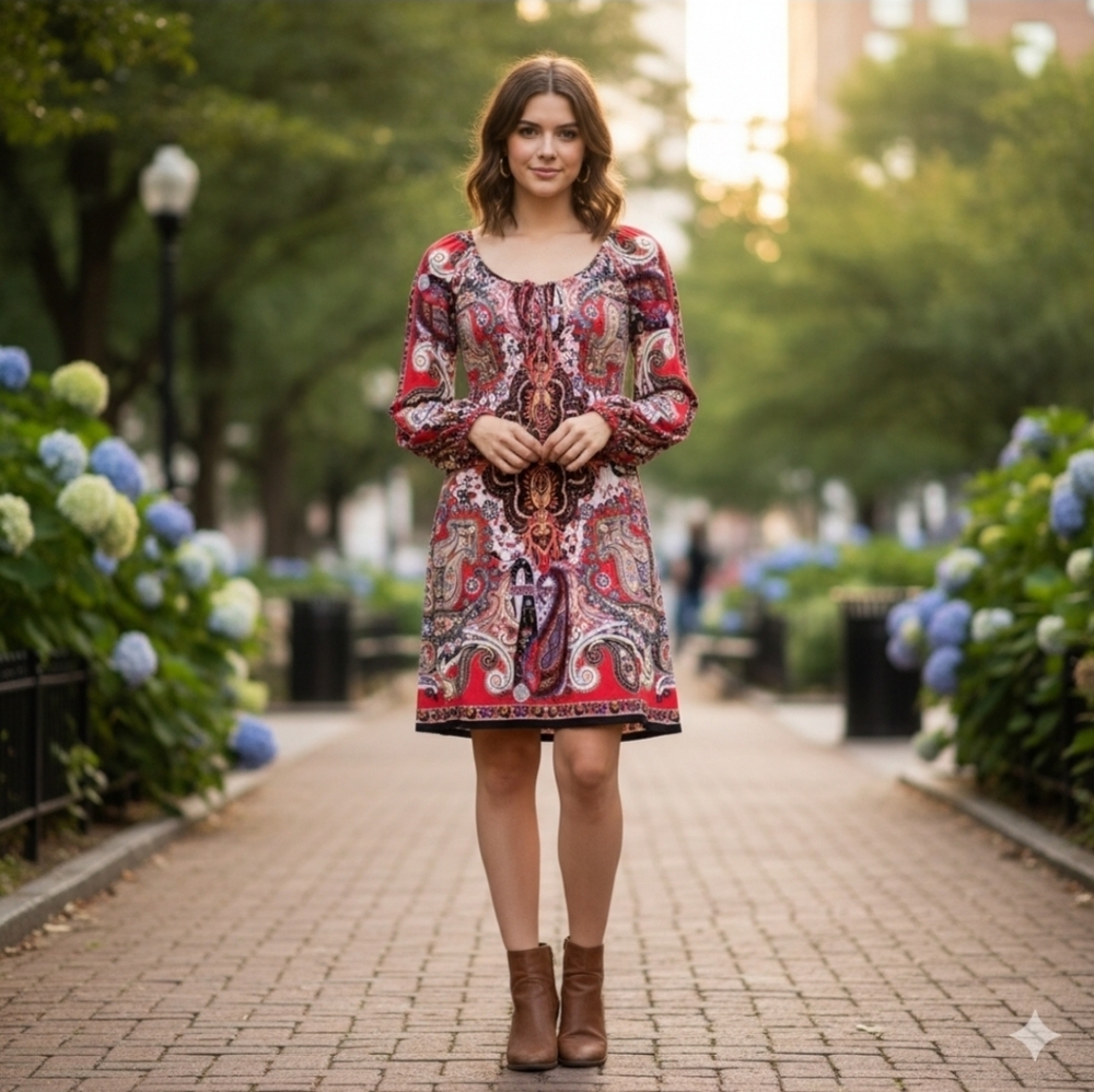 Muse for Boston Proper Dress Women's 2 XS Orange Paisley Long Sleeve